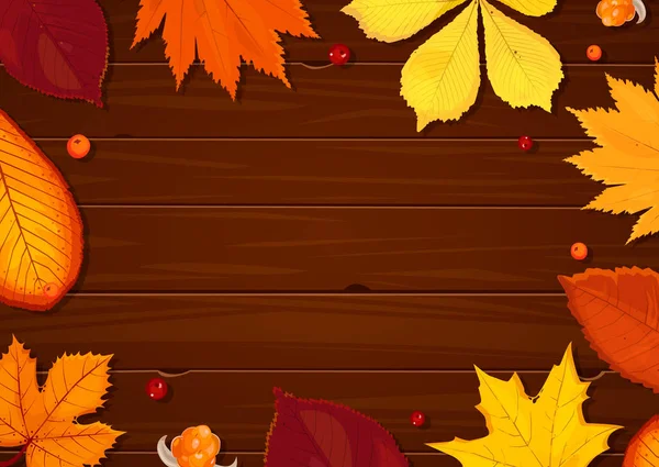 Fondo autunnale con foglie colorate e bacche rosse su tavola marrone legno. vendita — Vettoriale Stock