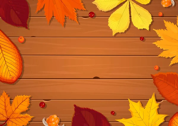 Renkli yaprakları ve ahşap kahverengi tahta üzerinde kırmızı meyveler ile sonbahar arka plan. Satılık