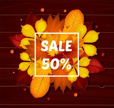 Sonbahar satış flyer şablonu yazı ile ayarlayın. Poster, kart, etiket, banner tasarımı. Parlak kırmızı, sarı yaprakları düşer. Ahşap kahverengi tahtası