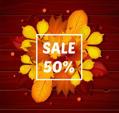 Sonbahar satış flyer şablonu yazı ile ayarlayın. Poster, kart, etiket, banner tasarımı. Parlak kırmızı, sarı yaprakları düşer. Ahşap kahverengi tahtası
