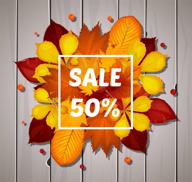 Sonbahar satış flyer şablonu yazı ile ayarlayın. Poster, kart, etiket, banner tasarımı. Parlak kırmızı, sarı yaprakları düşer. Ahşap gri tahtası