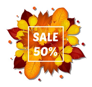 Sonbahar satış flyer şablonu yazı ile ayarlayın. Poster, kart, etiket, banner tasarımı. Parlak kırmızı, sarı yaprakları düşer. Beyaz Siyah geometrik tahta 