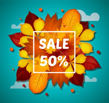 Sonbahar Satılık el ilanı şablonla yazı. Poster, kart, etiket, banner tasarımı. Parlak düşmek kırmızı, Sarı yapraklar üzerinde mavi gökyüzü.
