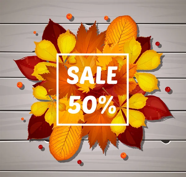 Sonbahar satış flyer şablonu yazı ile ayarlayın. Poster, kart, etiket, banner tasarımı. Parlak kırmızı, sarı yaprakları düşer. Ahşap gri tahtası
