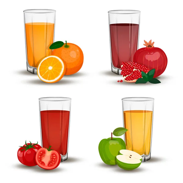 Set de vasos para bebidas con granada, naranja, manzana, zumo de tomate. Vector — Vector de stock