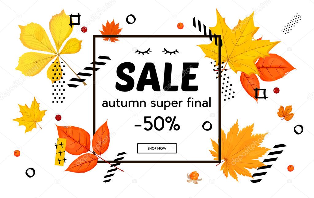 Autumn sale background with autumn leaves for shopping sale or promo poster and frame leaflet or web banner.Vector illustration template.  