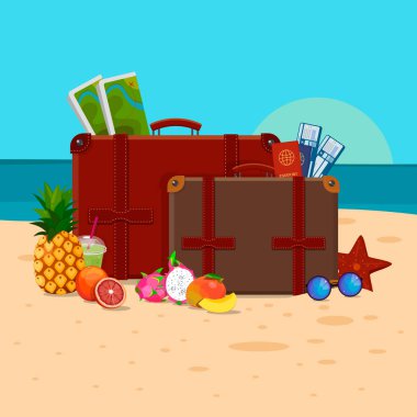 Valiz, seyahat. Deniz ve plaj manzarası. Vektör.