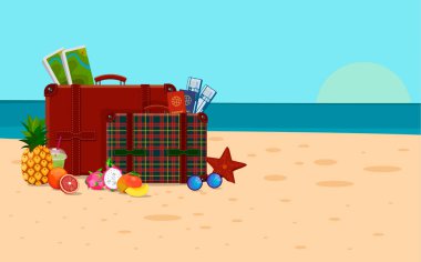 Valiz, seyahat. Deniz ve plaj manzarası. Vektör.
