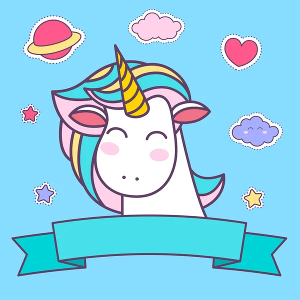 Sticker licorne et icône. Chevaux de bande dessinée et licornes, autocollants, étiquettes, enfants . — Image vectorielle