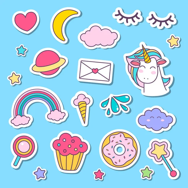 Pegatina de unicornio e icono. Caballos de dibujos animados y unicornios, pegatinas, etiquetas, niños . — Vector de stock