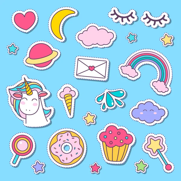 Sticker licorne et icône. Chevaux de bande dessinée et licornes, autocollants, étiquettes, enfants . — Image vectorielle