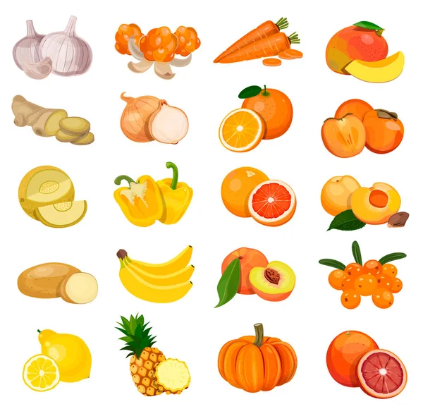 Conjunto de frutas, verduras y bayas de naranja, aisladas sobre fondo blanco. Icono del vector — Vector de stock