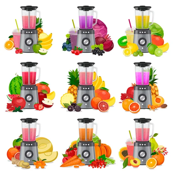 Misturador de liquidificador grande conjunto, com frutas, bagas, legumes. Smoothies e sumo. Vetor — Vetor de Stock