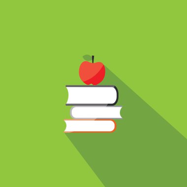 bir yığın kitap illüstrasyon izole bir açık yeşil renkli bir elma