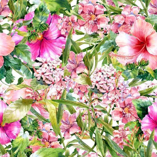 Yaprak ve çiçeklerin suluboya resmi, kusursuz desen — Stok fotoğraf