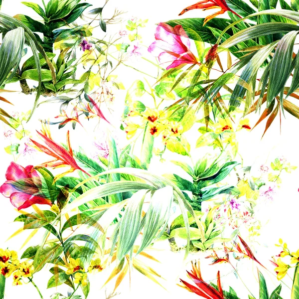 Watercolor painting of leaf and flowers, seamless pattern — Stock Photo, Image