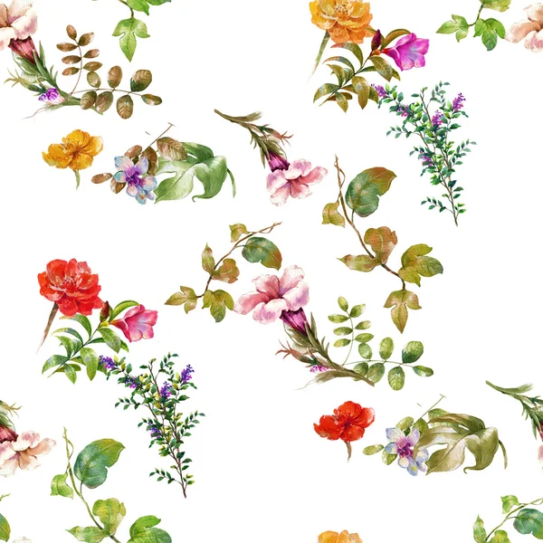 Pintura de acuarela de hojas y flores, patrón sin costuras —  Fotos de Stock