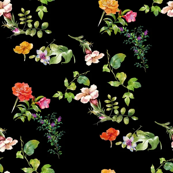 Akwarela malowanie liści i kwiatów, bezszwowy wzór — Zdjęcie stockowe