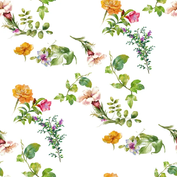 Aquarela pintura de folha e flores, padrão sem costura — Fotografia de Stock