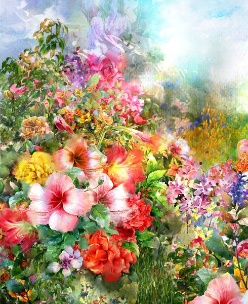 Αφηρημένη ζωγραφική με νερομπογιές λουλούδια. Άνοιξη — Φωτογραφία Αρχείου