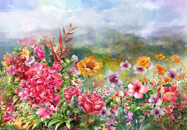 Bouquet of multicolored flowers watercolor painting
