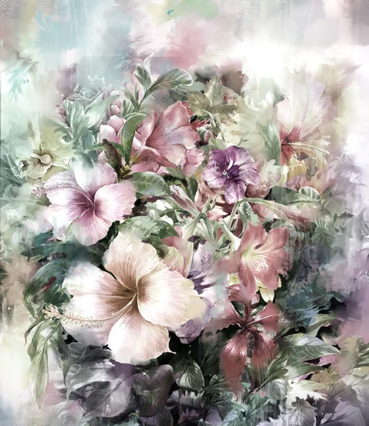 Букет різнокольорових квітів акварельний живопис — стокове фото