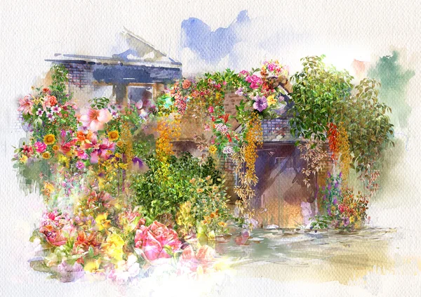 Soyut çiçek duvar, çatı suluboya resim — Stok fotoğraf