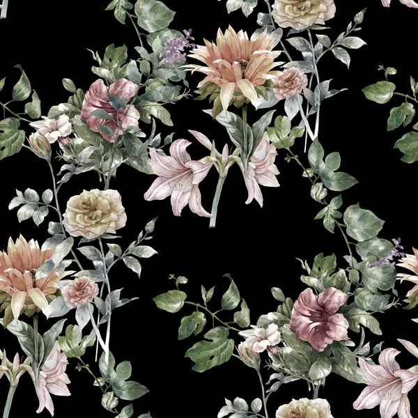 Yaprak ve çiçeklerin suluboya resmi, kusursuz desen — Stok fotoğraf