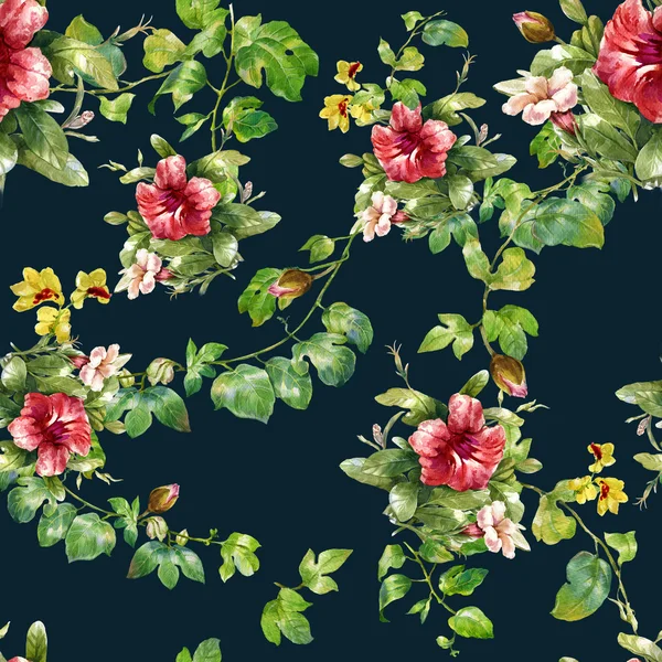Pintura de acuarela de hojas y flores, patrón sin costuras —  Fotos de Stock