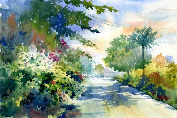 Ζωγραφική με νερομπογιές φθινοπωρινό τοπίο με ένα όμορφο δρόμο με χρωματιστά δέντρα — Φωτογραφία Αρχείου