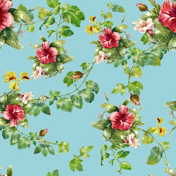 Ilustração aquarela de folha e flores, padrão sem costura — Fotografia de Stock