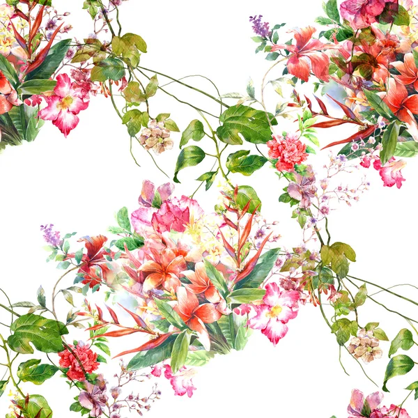 Akwarela malowanie liści i kwiatów, bezszwowy wzór — Zdjęcie stockowe