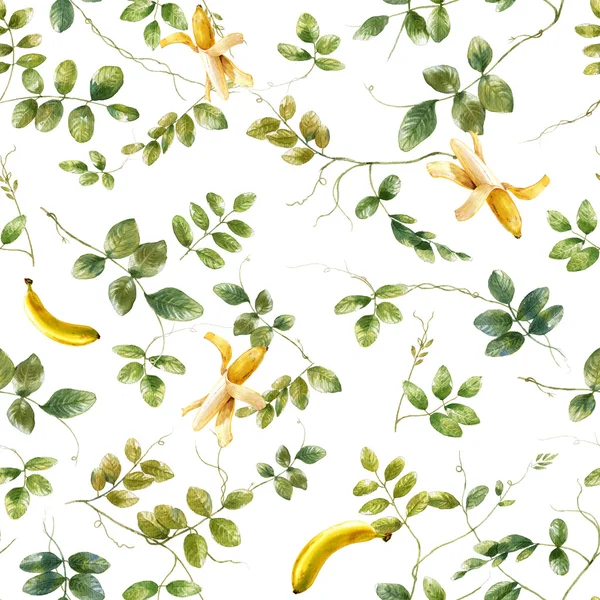 Akvarell illustration av blad och banan, sömlösa mönster — Stockfoto