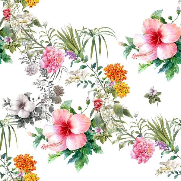 Aquarelverf van blad en bloemen, naadloos patroon — Stockfoto