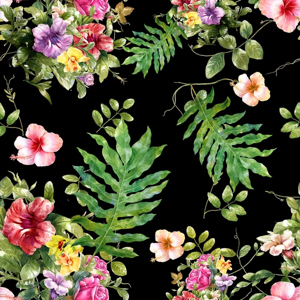 Υδατογραφία φύλλων και λουλουδιών, χωρίς ραφή μοτίβο — Φωτογραφία Αρχείου