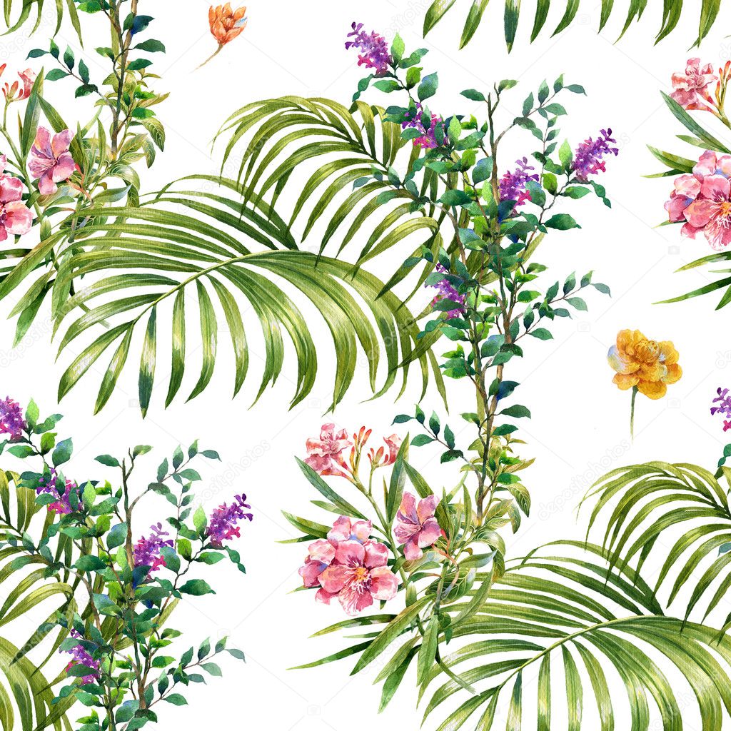 Watercolor painting of leaf and flowers, seamless pattern 