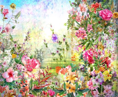 Soyut çiçek suluboya resim. Bahar çok renkli 