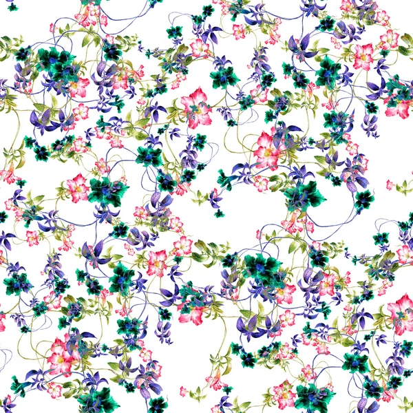 Watercolor painting of leaf and flowers, seamless pattern