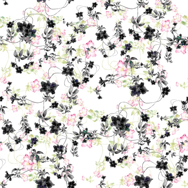 Watercolor painting of leaf and flowers, seamless pattern