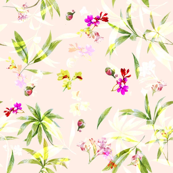 Aquarela ilustração pintura de folha e flores, padrão sem costura — Fotografia de Stock