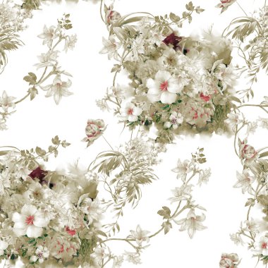 Yaprak ve çiçekler, seamless modeli suluboya çizimi