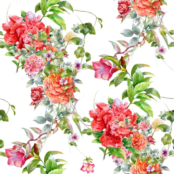 Ilustração aquarela de folha e flores, padrão sem costura — Fotografia de Stock