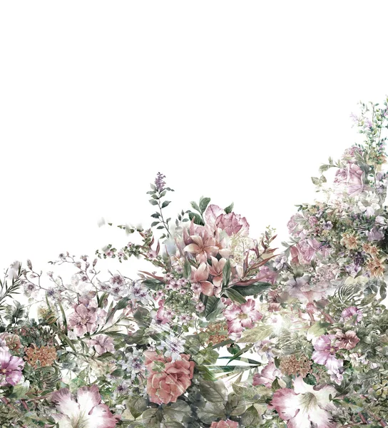 Pintura aquarela de folha e flores — Fotografia de Stock