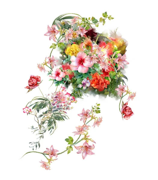 Yaprak ve çiçek suluboya resim — Stok fotoğraf