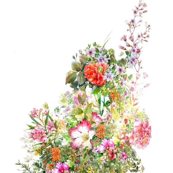 Pintura aquarela de folha e flores — Fotografia de Stock