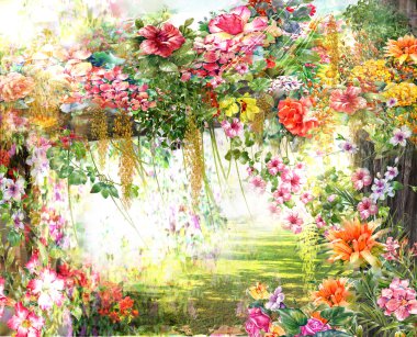 Soyut çiçek suluboya resim. Çok renkli çiçekler bahar