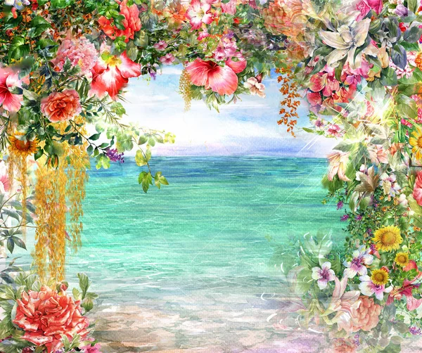 Abstract flowers watercolor painting. Spring multicolored near the sea