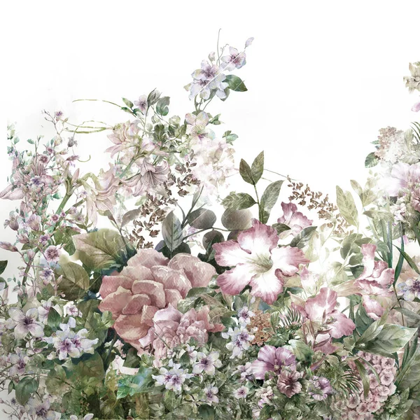 Ζωγραφική με νερομπογιές των φύλλων και των λουλουδιών — Φωτογραφία Αρχείου