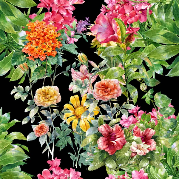 Aquarellmalerei von Blatt und Blumen, nahtloses Muster — Stockfoto