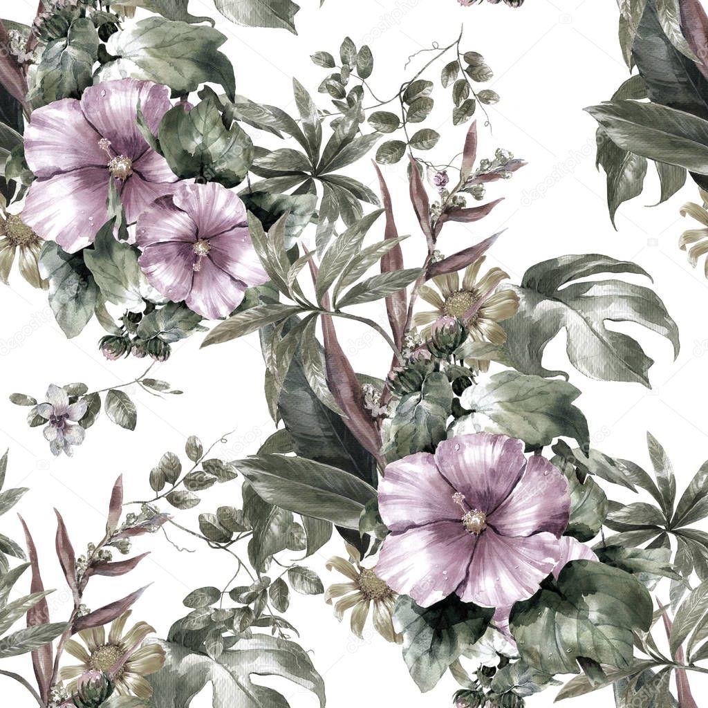 Watercolor painting of leaf and flowers, seamless pattern
